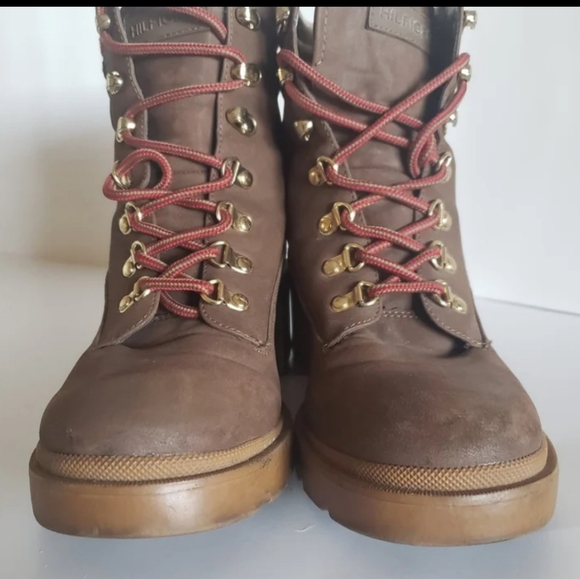 Tommy Hilfiger sz 10 Brown red plaid Lace Up Bootie chunky block heel - Picture 4 of 12